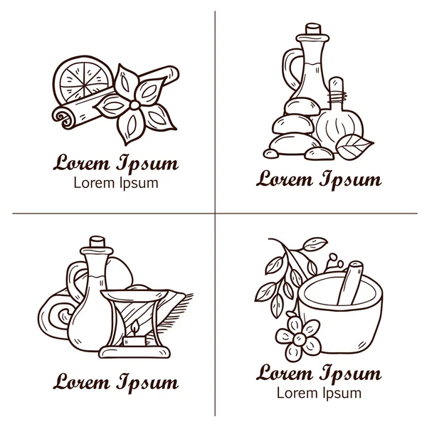 Set of cartoon ayurvedic logos or badges in hand drawn style: herbs, stones, oil, spices, aromatherapy, towel. Auyrveda healthcare and treatment concept — ストックベクタ