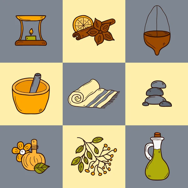 Set of cartoon ayurvedic icons in hand drawn style: herbs, stones, oil, spices, aromatherapy, towel. Auyrveda healthcare and treatment concept — 图库矢量图片