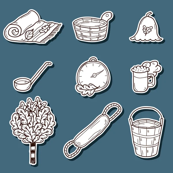 Set of hand drawn sauna stickers: broom, towel, hat, wisp, beer, steam. Relaxation, health care or treatment concept — 스톡 벡터