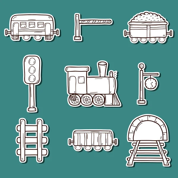 Набор железнодорожных наклеек ручной работы: вагоны, семафоры, железнодорожные часы, локомотив, шлагбаум, тоннель. Доставка грузов или концепция путешествия — стоковый вектор