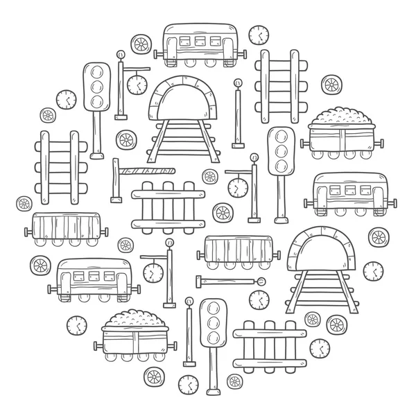 Vector background in circle shape with hand drawn railroad objects: wagons, semaphore, railway station clock, locomotive, barrier, tunnel. Transport shipping delivery or travel concept — Stok Vektör