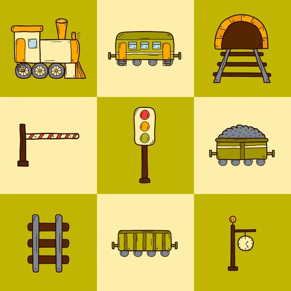 Set di icone ferroviarie disegnate a mano: vagoni, semaforo, orologio stazione ferroviaria, locomotiva, barriera, tunnel. Trasporto spedizione consegna o concetto di viaggio — Vettoriale Stock