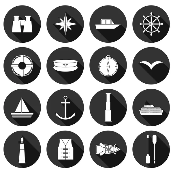 Set ikon perahu datar: teropong, perahu, lifebuoy, topi kapten, kompas, camar, jangkar, spyglass, mercusuar, kapal, rompi kehidupan, dayung, peluncuran. Perjalanan liburan atau pengiriman konsep - Stok Vektor