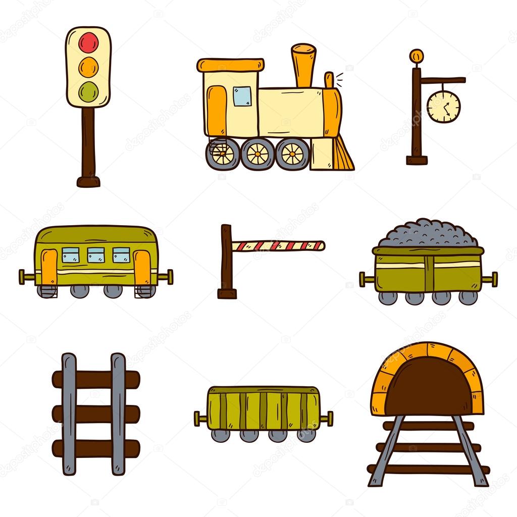 Set of hand drawn railroad icons: wagons, semaphore, railway station clock, locomotive, barrier, tunnel. Transport shipping delivery or travel concept