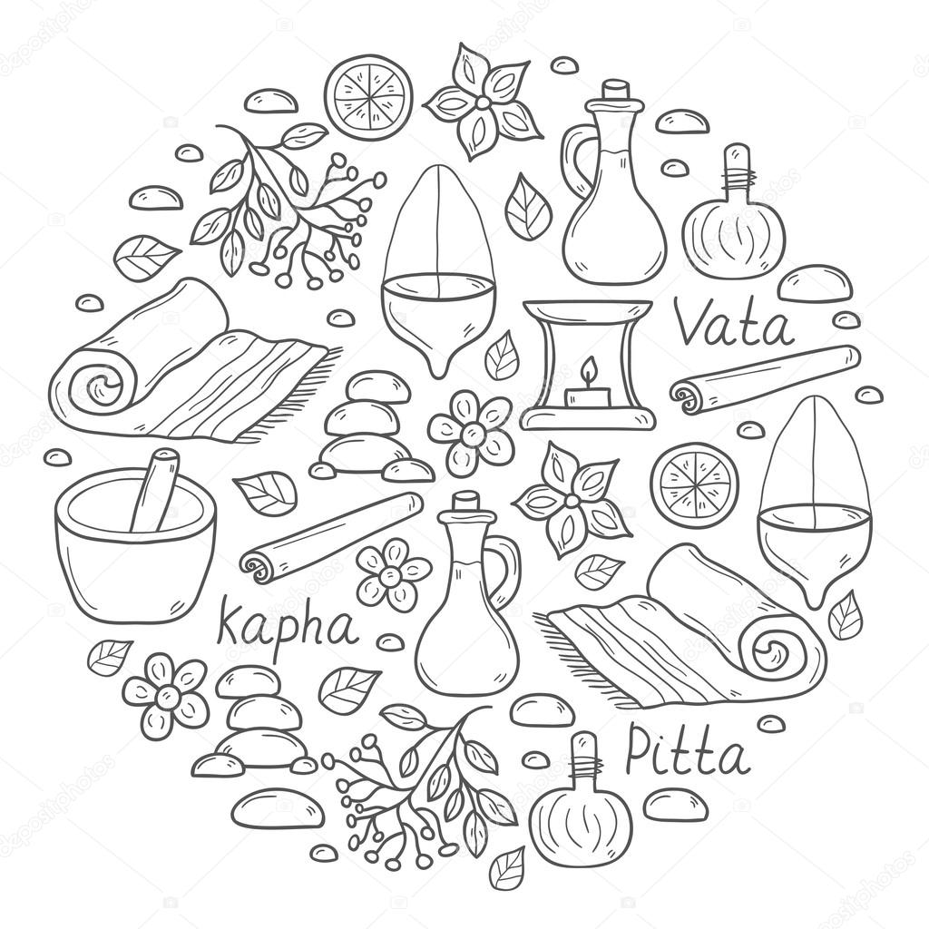 Set of cartoon ayurvedic hand drawn objects for background in circle shape: herbs, stones, oil, spices, aromatherapy, towel. Auyrveda healthcare and treatment concept