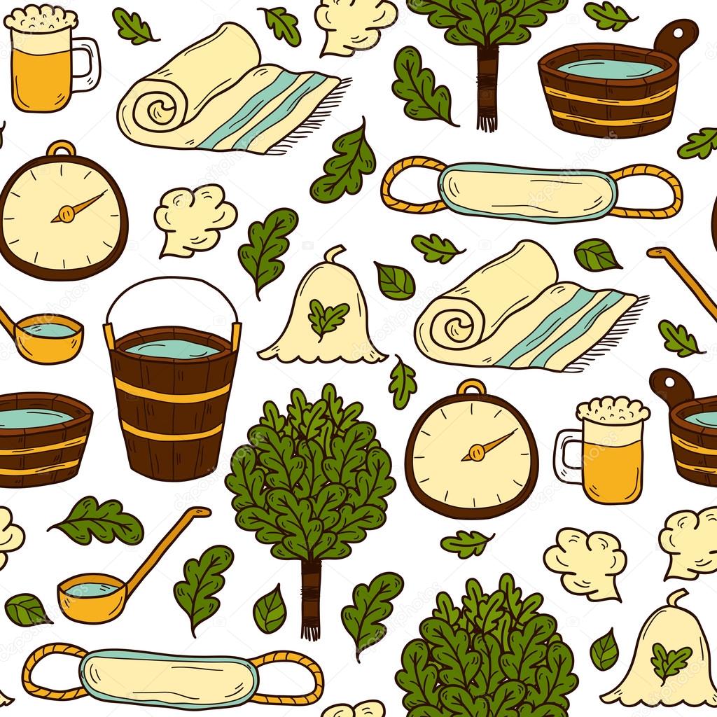 Vector seamless background with cartoon hand drawn sauna objects: broom, towel, hat, wisp, beer, steam. Relaxation, health care or treatment concept