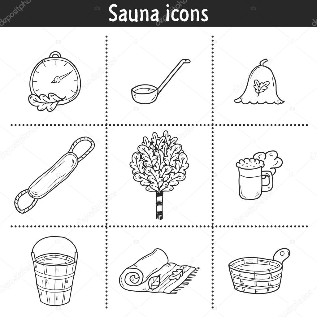 Set of hand drawn sauna icons: broom, towel, hat, wisp, beer, steam. Relaxation, health care or treatment concept