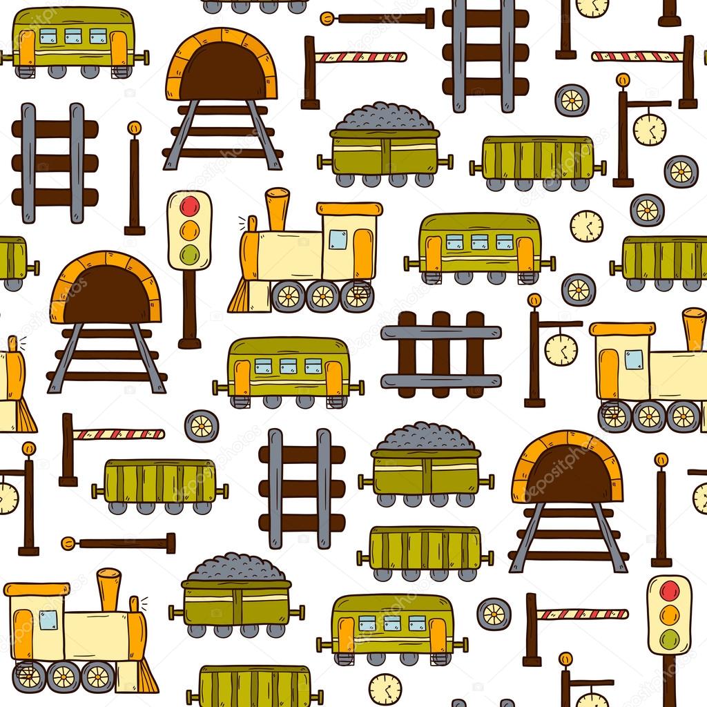 Vector seamless background with hand drawn railroad objects: wagons, semaphore, railway station clock, locomotive, barrier, tunnel. Transport shipping delivery or travel concept