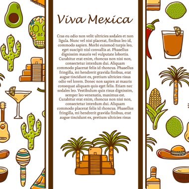 Vector travel mexican concept with hand drawn objects and background on Mexico or Latin America theme: sombrero, poncho, tequila, coctails, taco, skull, guitar, pyramid, avocado, lemon, chilli pepper