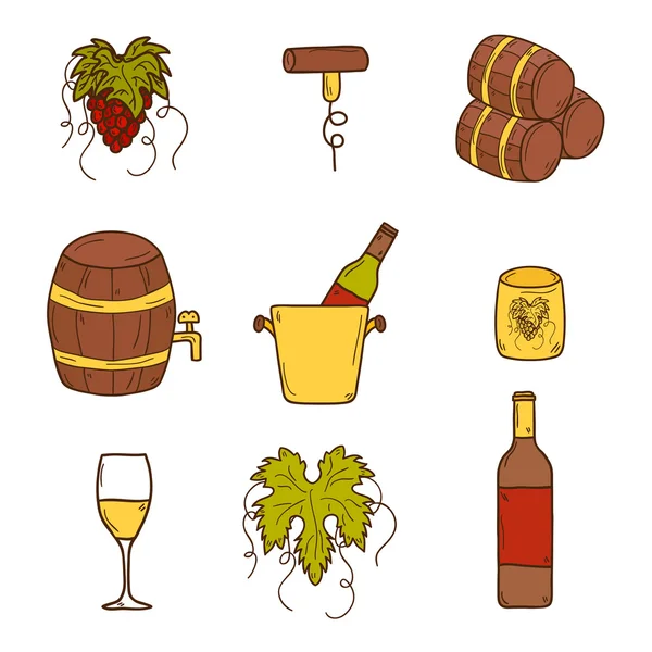 Conjunto de iconos del vino de dibujos animados en estilo dibujado a mano: botella, vidrio, barril, uvas, sacacorchos. Viñedo o concepto restaurado — Archivo Imágenes Vectoriales