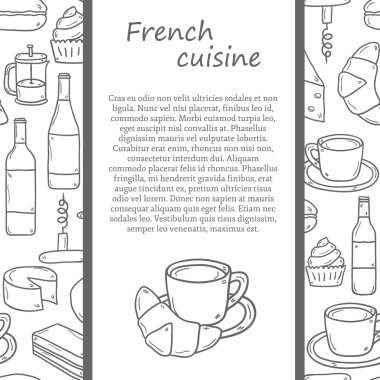 Vector ethnic cuisine or travel concept with cartoon hand drawn objects and seamless background on french food theme: cheese, wine, macaroon, criossant, pastry