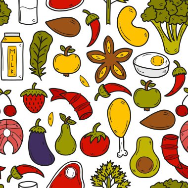 Seamless background with objects in hand drawn style on paleo diet theme: meat, fish, fruits, vegetables, spices, nuts. Healthy food concept