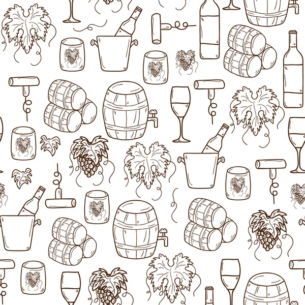 Vector seamless background with cartoon hand drawn wine objects in round shape: bottle, glass, barrel, grapes, corkscrew. Vineyard or restaurnt concept