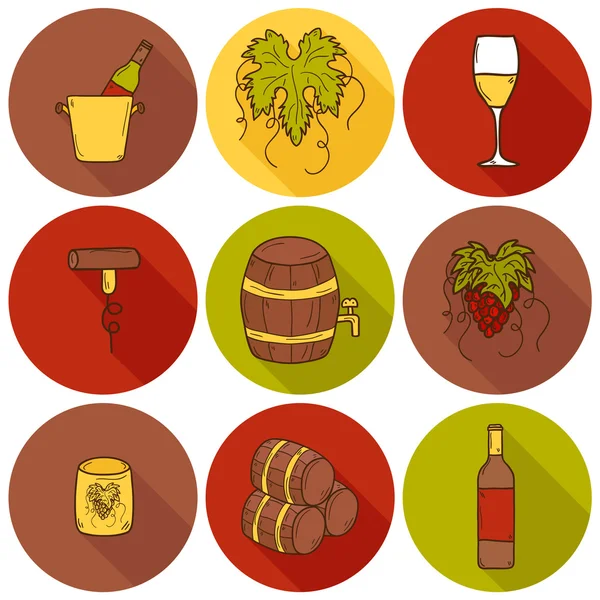 Set of cartoon wine icons in hand drawn style: bottle, glass, barrel, grapes, corkscrew. Vineyard or restaurnt concept — Stockvector