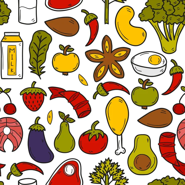 Seamless background with objects in hand drawn style on paleo diet theme: meat, fish, fruits, vegetables, spices, nuts. Healthy food concept — 图库矢量图片