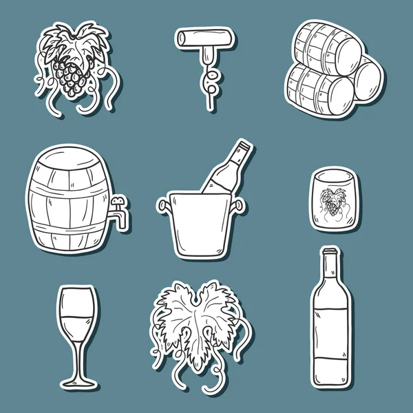 Set di adesivi vino cartone animato in stile disegnato a mano: bottiglia, vetro, botte, uva, cavatappi. Concetto di vigneto o restaurato — Vettoriale Stock