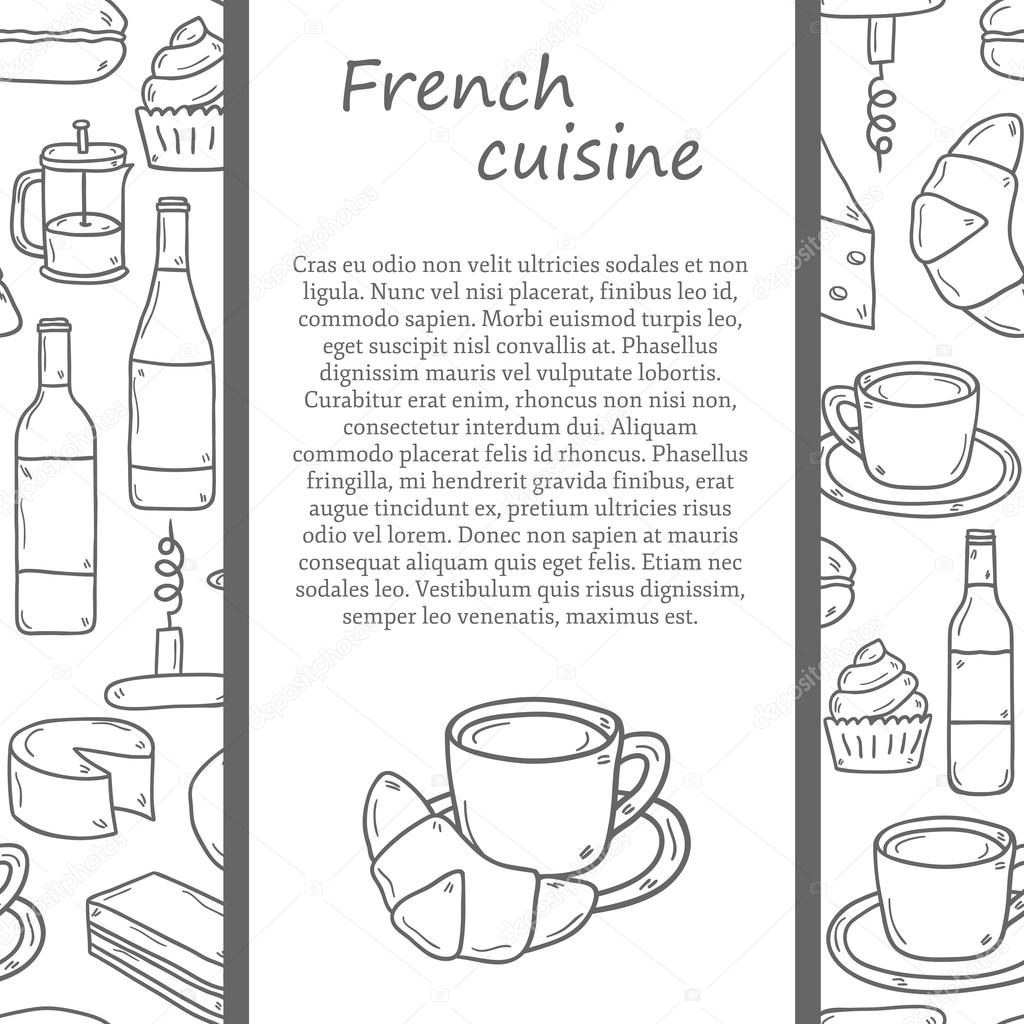 Vector ethnic cuisine or travel concept with cartoon hand drawn objects and seamless background on french food theme: cheese, wine, macaroon, criossant, pastry