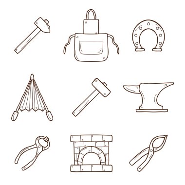 Set of cartoon icons in hand drawn style on blacksmith theme: horseshoe, sledgehammer, vise, oven