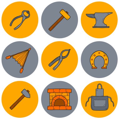 Set of cartoon icons in hand drawn style on blacksmith theme: horseshoe, sledgehammer, vise, oven