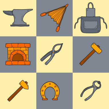 Set of cartoon icons in hand drawn style on blacksmith theme: horseshoe, sledgehammer, vise, oven