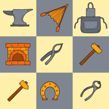 Set of cartoon icons in hand drawn style on blacksmith theme: horseshoe, sledgehammer, vise, oven clipart