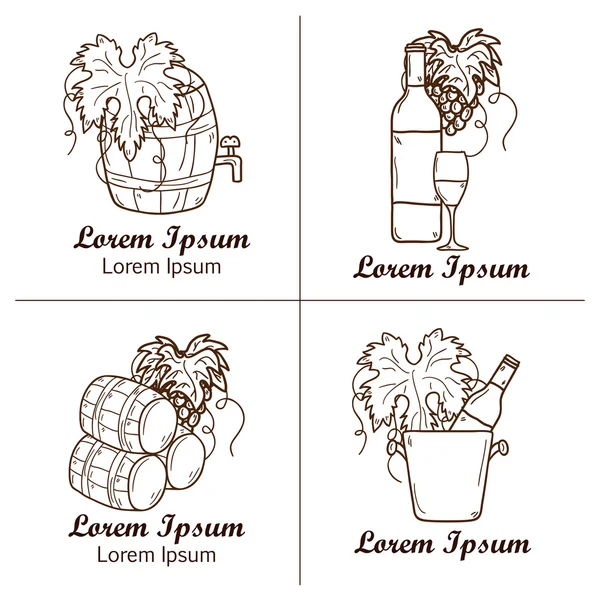 Set of cartoon wine badges in hand drawn style: bottle, glass, barrel, grapes. Vineyard or restaurnt concept — Stock vektor