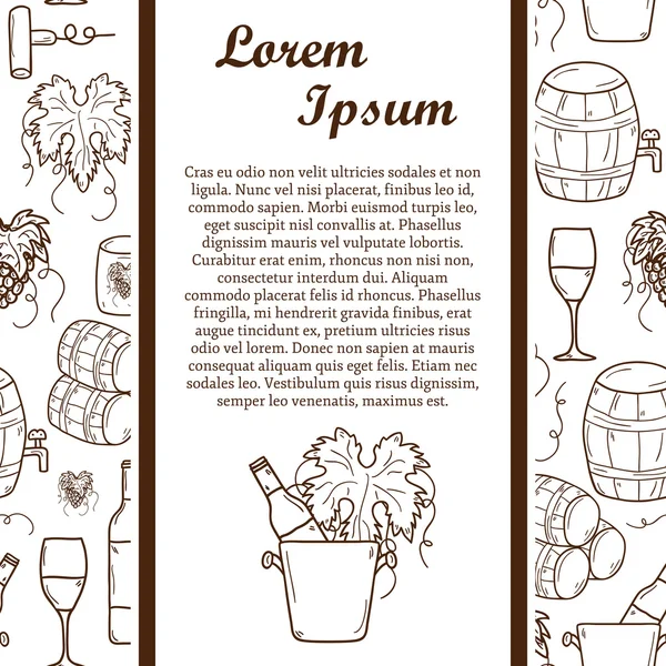 Concepto de viñedo o restaurado con objetos de vino de dibujos animados en estilo dibujado a mano y fondo sin costuras: botella, vidrio, barril, uvas — Archivo Imágenes Vectoriales