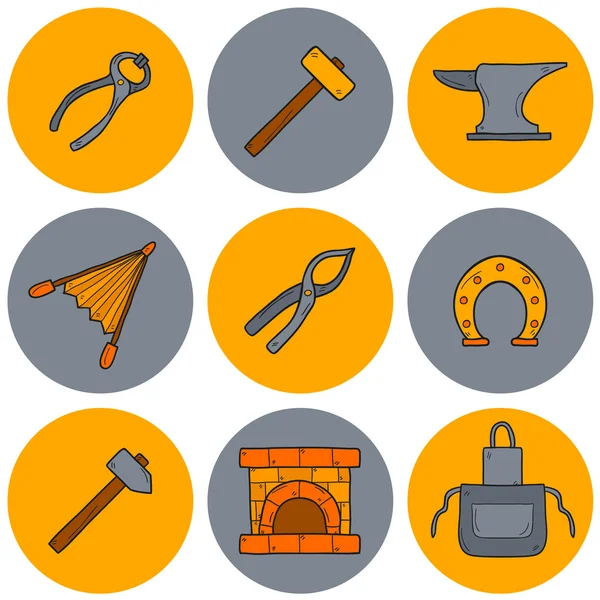 Set of cartoon icons in hand drawn style on blacksmith theme: horseshoe, sledgehammer, vise, oven — Stockový vektor