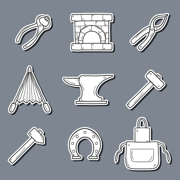 Set of cartoon stickers in hand drawn style on blacksmith theme: horseshoe, sledgehammer, vise, oven — Stock Vector