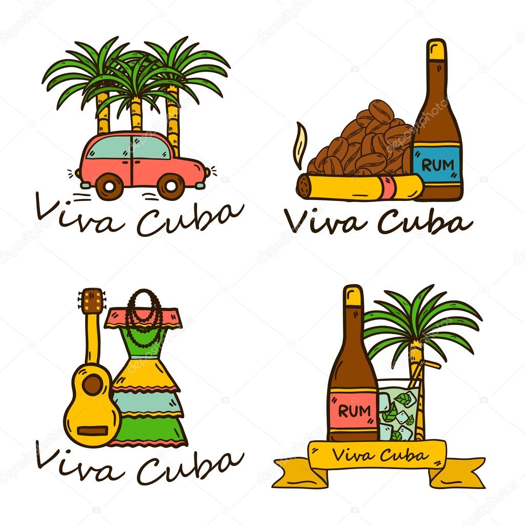 Set of cute hand drawn colorful badges on Cuba theme