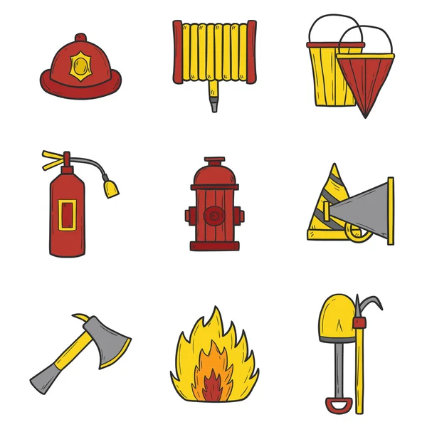 Set di oggetti antincendio disegnati a mano dai cartoni animati — Vettoriale Stock