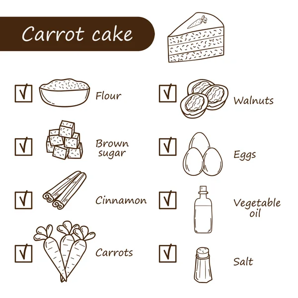 Concetto con ingredienti torta di carote — Vettoriale Stock