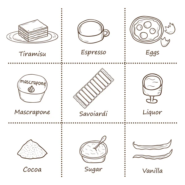 Concepto de ingredientes tiramisú dibujado a mano — Vector de stock