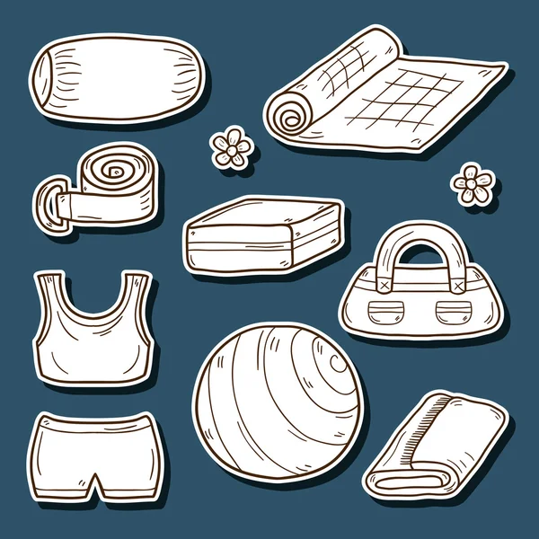 Set van yoga apparatuur stickers — Stockvector