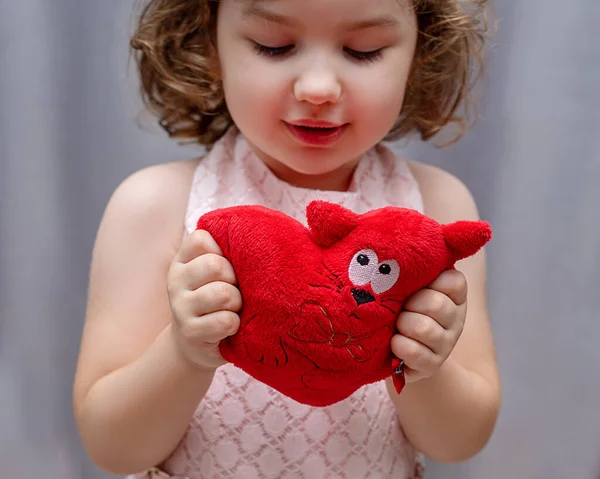 Piccola Bella Ragazza Con Gatto Giocattolo Morbido Forma Cuore Concentrati — Foto Stock