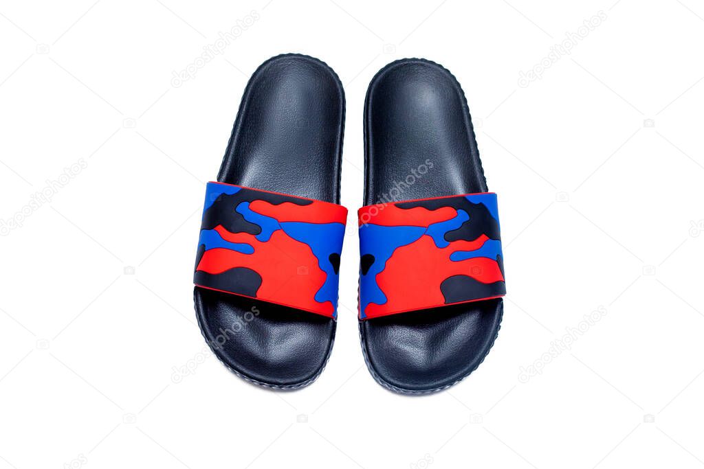 trendy comfort slide sandal red blue black military slipper isolated on white background