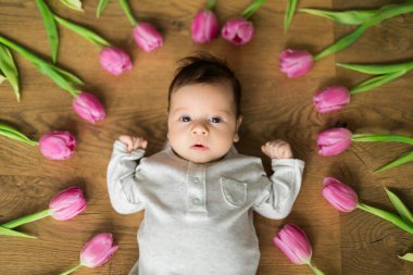 Yeni doğan erkek ya da kız çocuğunun fotoğrafı lalelerin arasında duruyor ve çerçeveye bakıyor. Harika tebrik kartı.