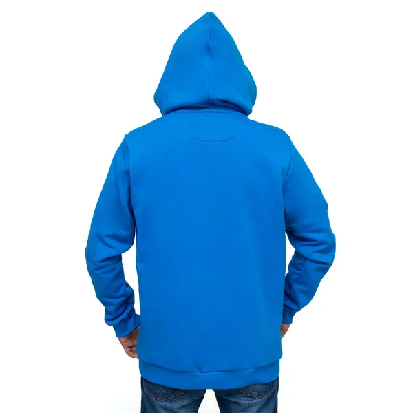 Felpa Blu Con Cappuccio Uomo Isolato Sfondo Bianco Vista Posteriore — Foto Stock