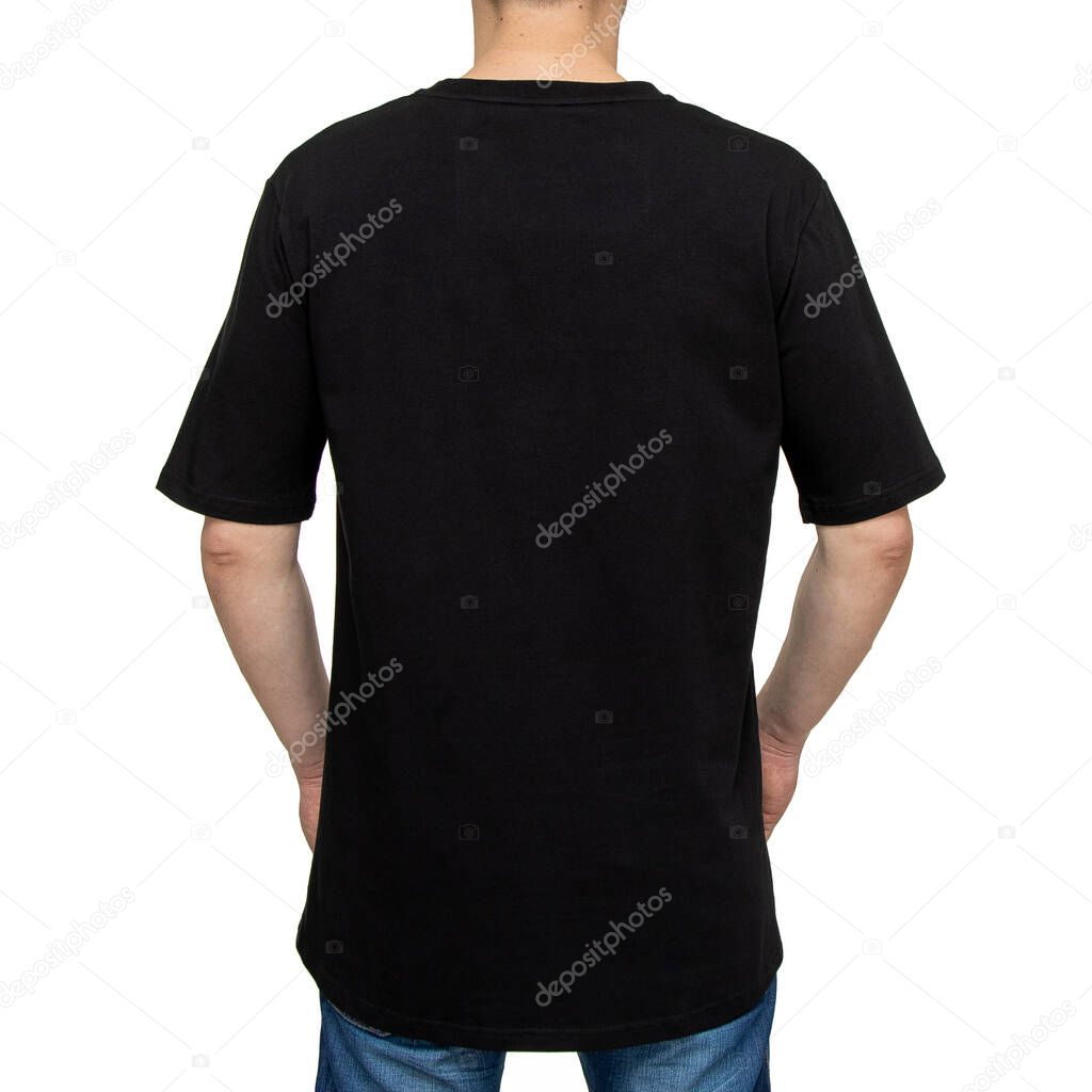 T-shirt with on man isolated on white background, back view. Layout. Mockup for production