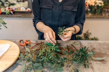Kadın elleri yeşil bitkileri kesip kutuda çiçek aranjmanı yapmak için hazırlıyor. Çiçek kutusu hediye konsepti.