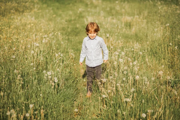 Foto Bambino Dai Capelli Rossi Anni Corre Nel Prato Fiorito — Foto Stock