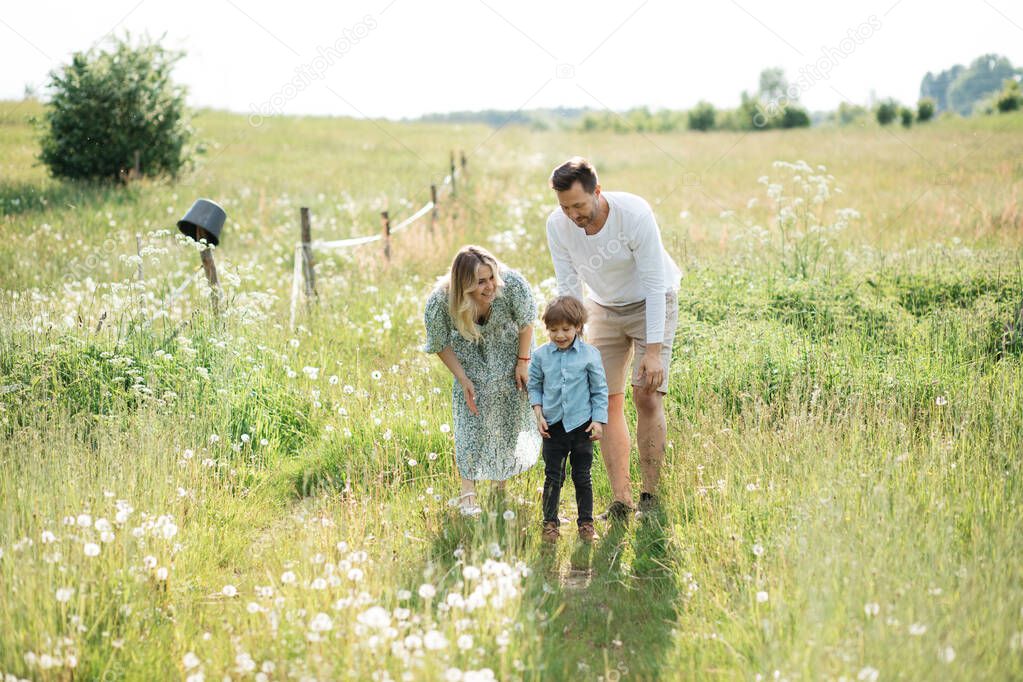 happy mom dad and son walking in meadow on sunny day