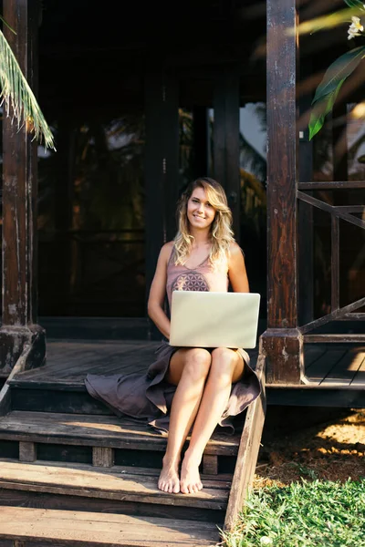 Young Woman Loose Long Hair Sitting Barefoot Wooden Steps Hut — Stock Photo, Image