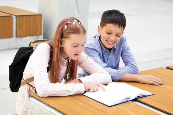 Παιδιά Μαθητές Έφηβοι Διάβαζαν Στην Αυλή Του Σχολείου Ξύλινο Παγκάκι — Φωτογραφία Αρχείου