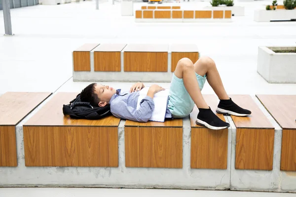 Tired Teenager Schoolboy Sleeps Class Schoolyard Campus Wooden Bench Schoolbag — 图库照片