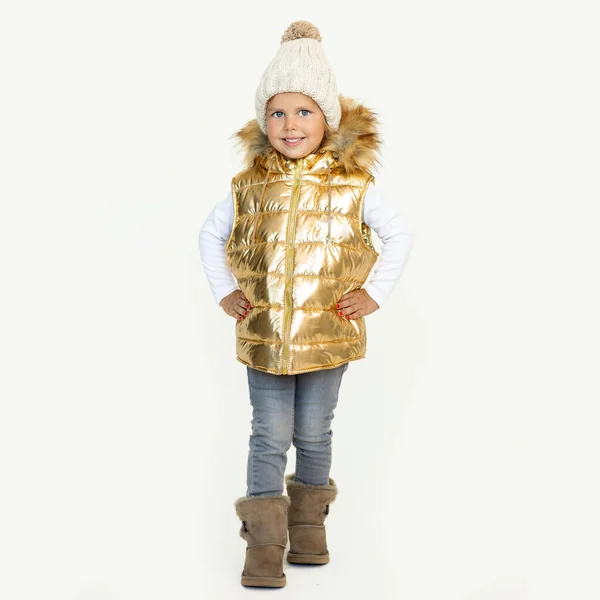 Moda Bambini Foto Bambina Caldo Cappello Lana Naturale Cappotto Oro — Foto Stock