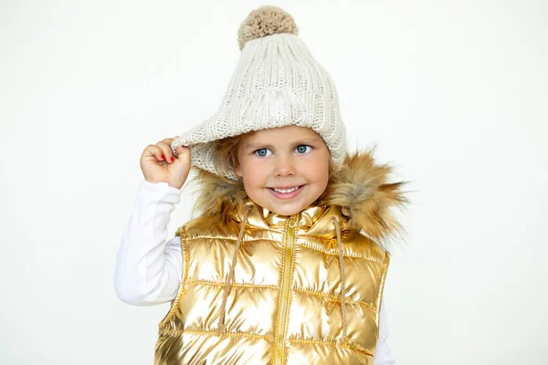 Moda Bambini Foto Bambina Caldo Cappello Lana Naturale Cappotto Oro — Foto Stock