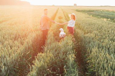 İleride bir mucize olması umuduyla genç hamile bir çift, sadık köpekleri ile el ele tutuşarak arkasını döner. Hamile bir kadın. Aile ve hamilelik. Mutluluk ve huzur. Aile değerleri..