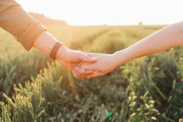 Las Manos Unidas Pareja Joven Caminando Los Campos Noche Verano — Foto de Stock