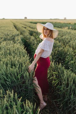 Serene yaz akşamları doğada yürür ve bebeği bekler. Hamilelik bakımı. Güzellik ve sağlık. Mutluluk ve sükunet. Sağlıklı bir yaşam tarzı. Hamile kadınlar için ürünler. Yeni bir hayat..